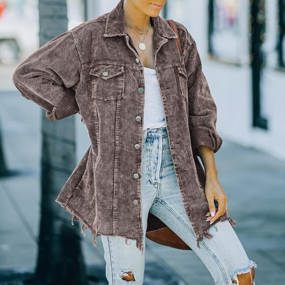 Womens Brown Oversized Corduroy Shirt Jacket Casual Button Down Retro - Picture 3 of 4